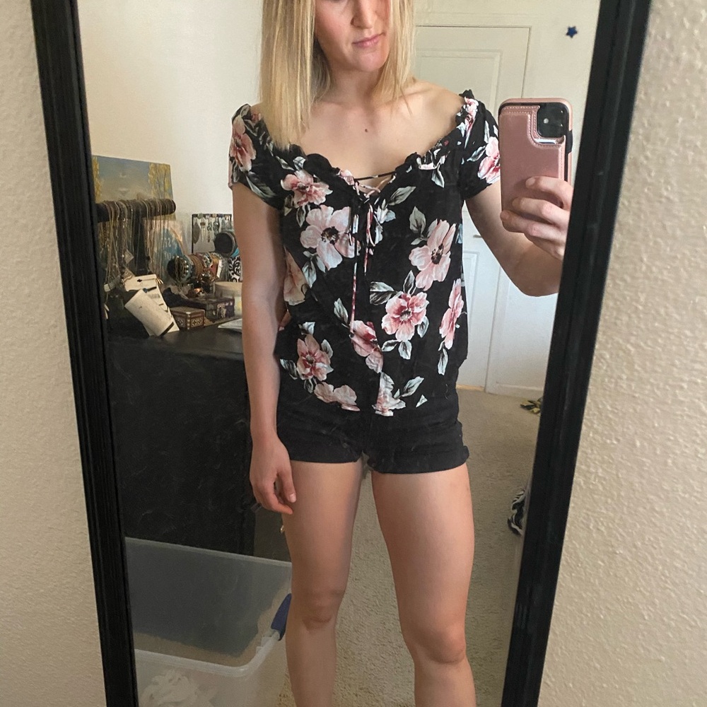 Black floral off the shoulder blouse
